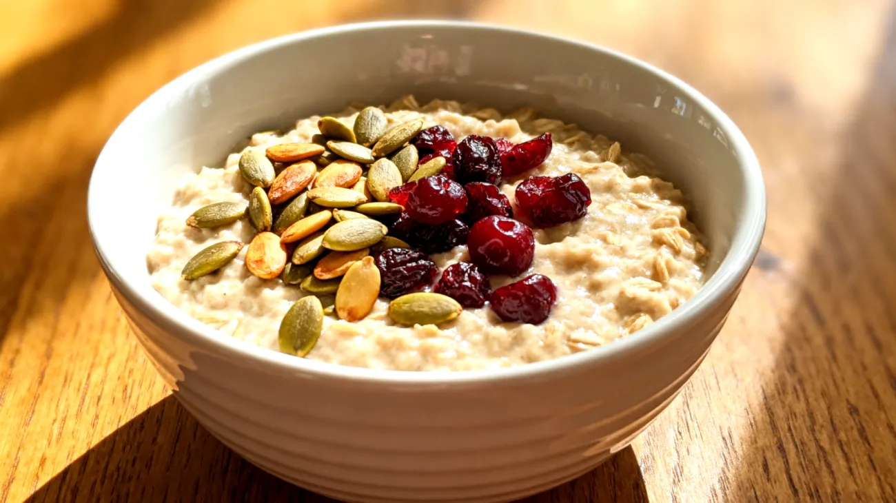 Ashwagandha-Haferbrei mit gerösteten Kürbiskernen und Sauerkirschen"