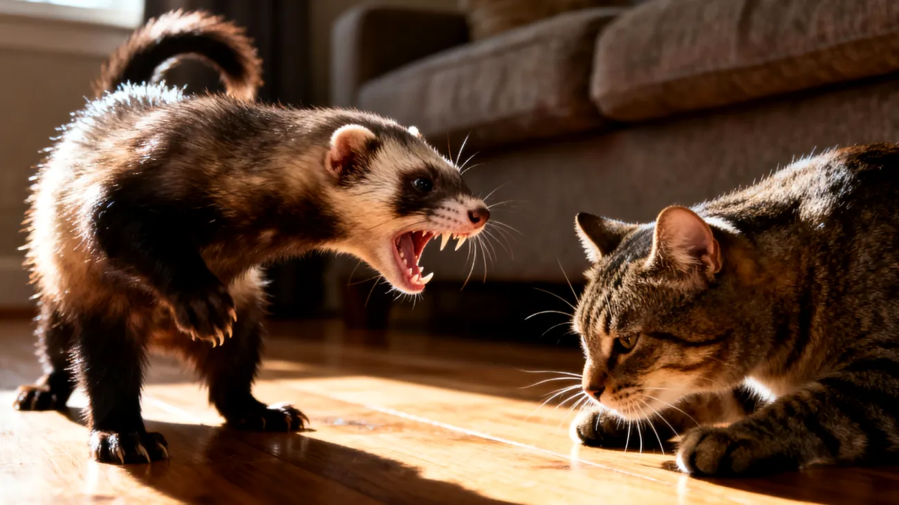 Frettchen zeigt aggressives oder dominantes Verhalten gegenüber anderen Haustieren im Haushalt, was zu Konflikten und Stress für alle Tiere führt"