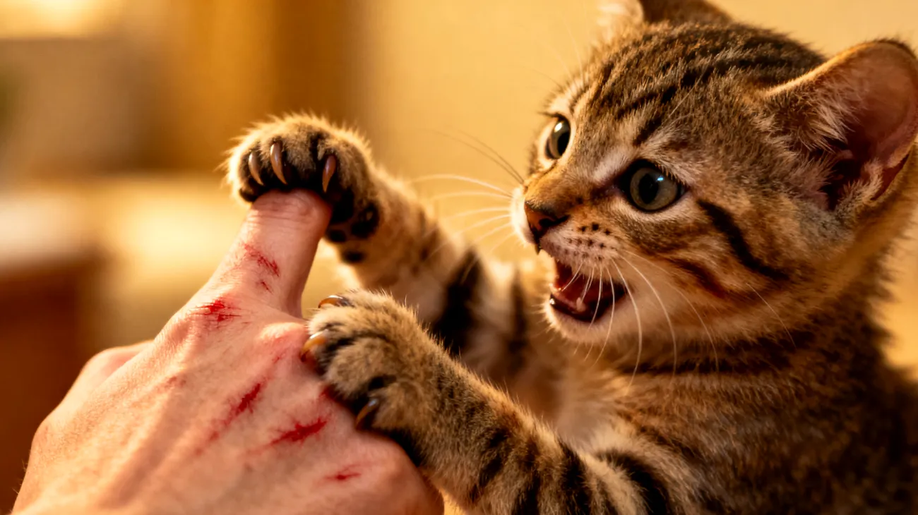 Ein Katzenwelpe zeigt übermäßiges Beißen und Kratzen während des Spielens und im Umgang mit Menschen, was zu Verletzungen führen kann und eine frühzeitige Sozialisierung und Grenzsetzung erfordert"