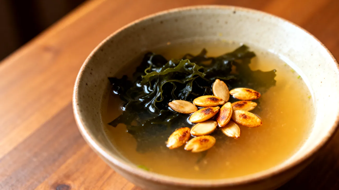 Miso-Suppe mit Wakame-Algen und gerösteten Kürbiskernen"