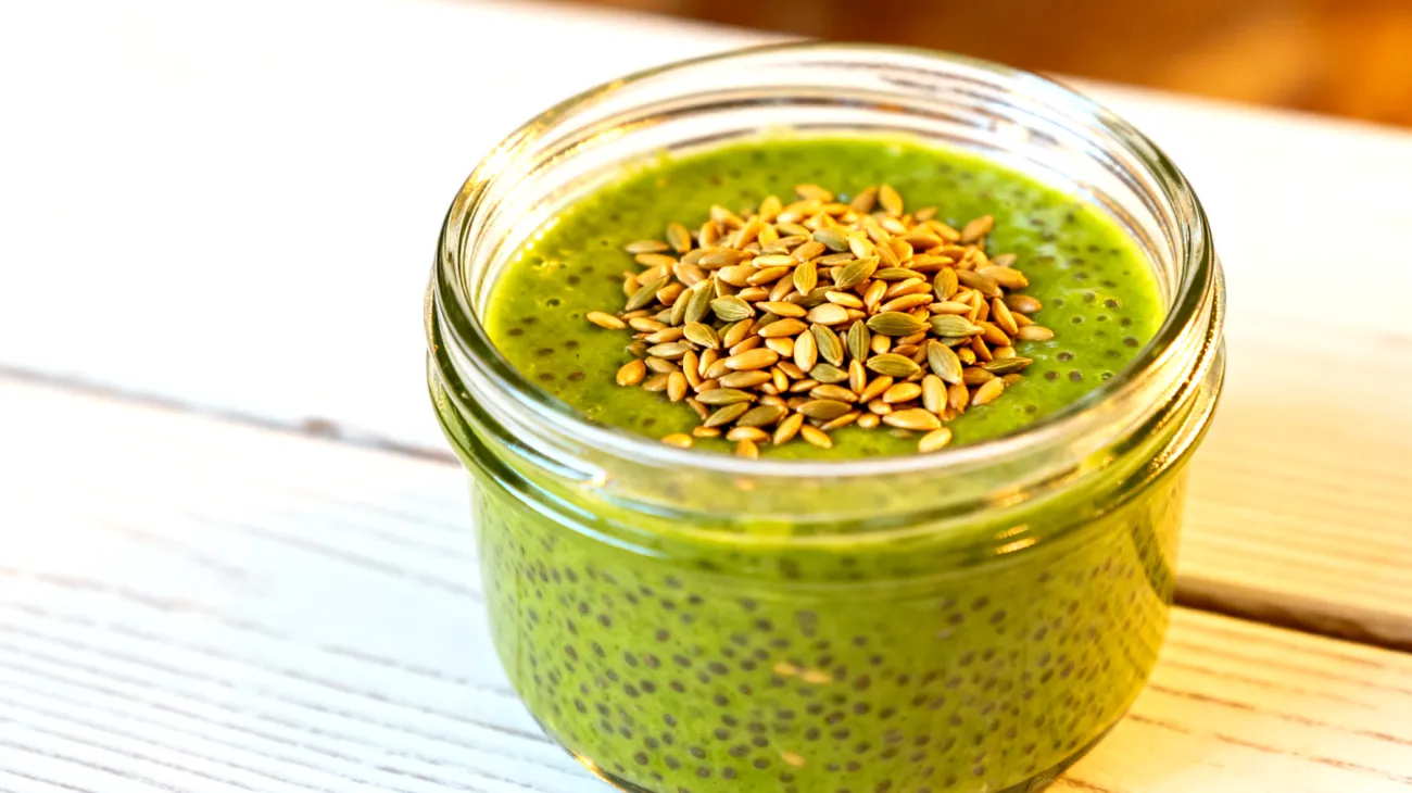 Overnight Chia-Pudding mit Spirulina und gerösteten Hanfsamen"