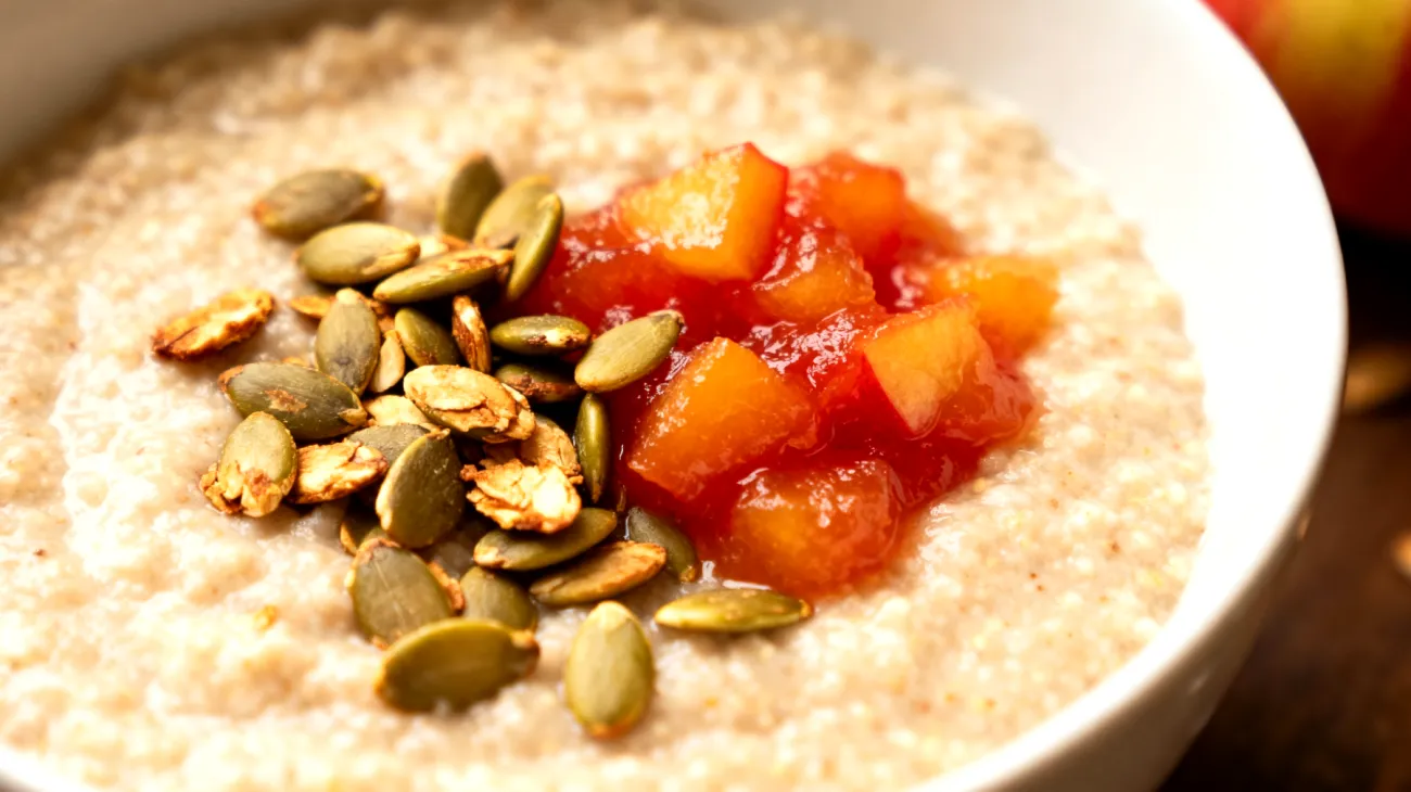 Amaranth-Porridge mit gerösteten Kürbiskernen und Apfelkompott"