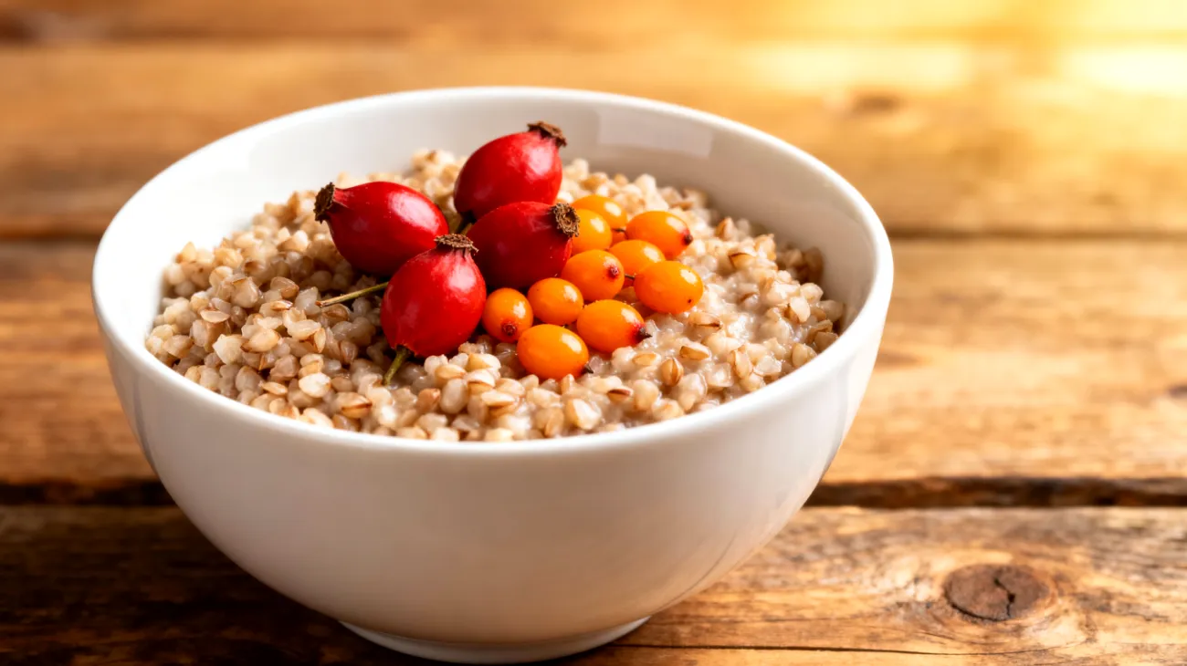 Buchweizen-Porridge mit Hagebutten und Sanddornbeeren"