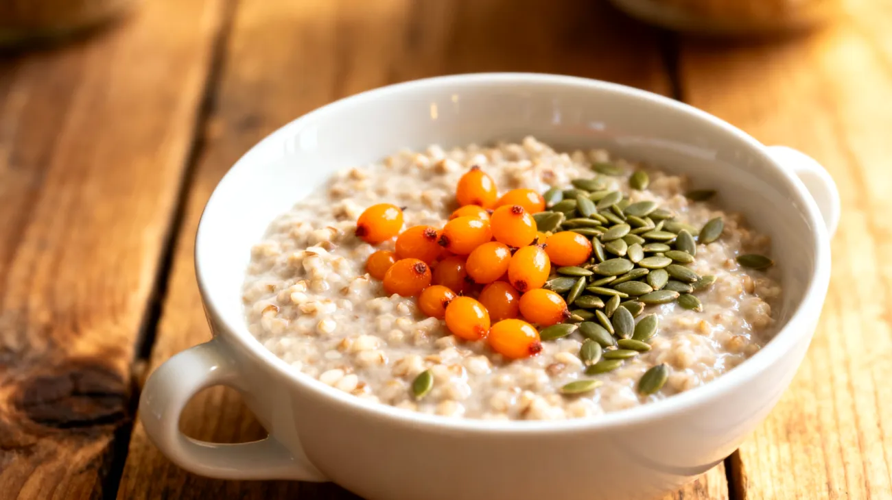 Buchweizen-Porridge mit Sanddornbeeren und Hanfsamen"