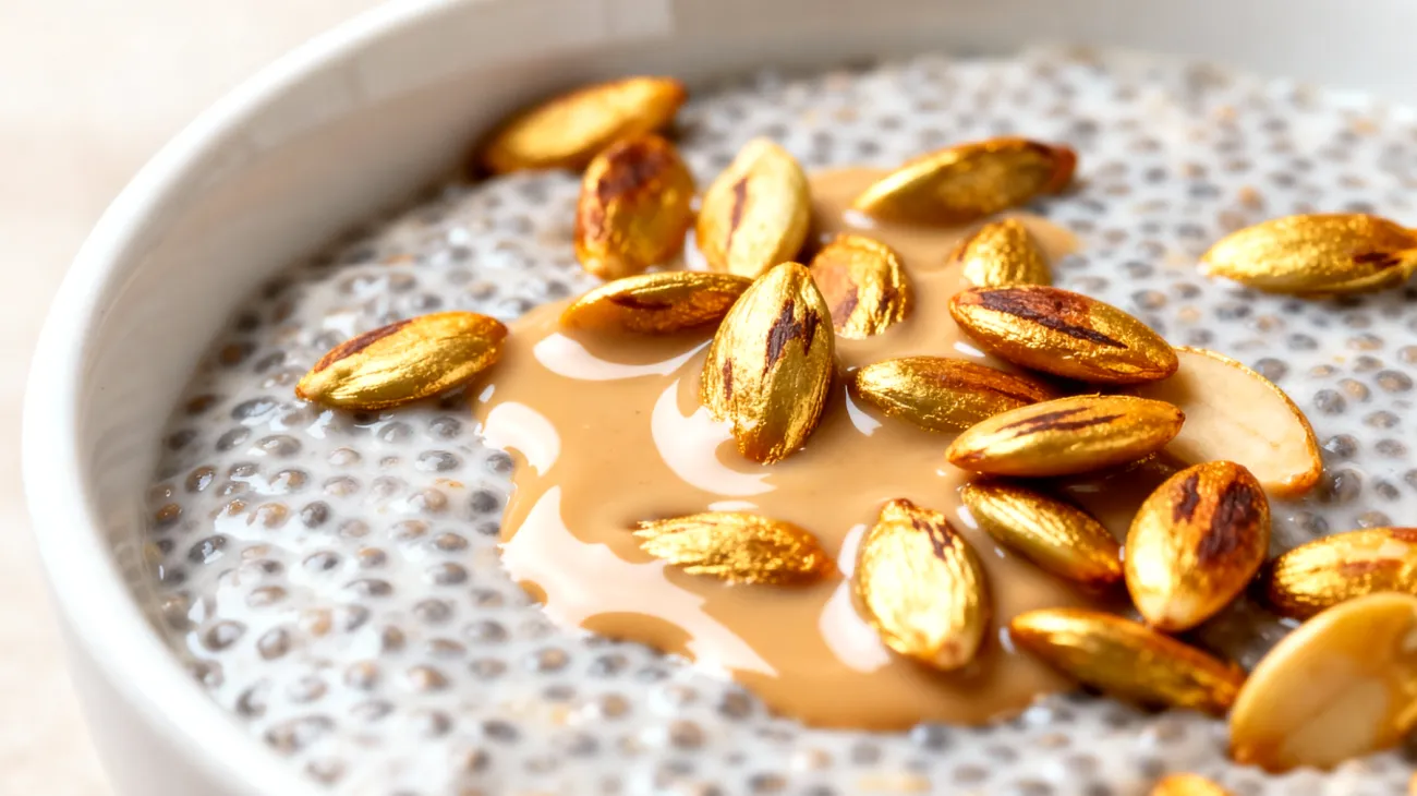 Chia-Pudding mit Tahini und gerösteten Kürbiskernen"