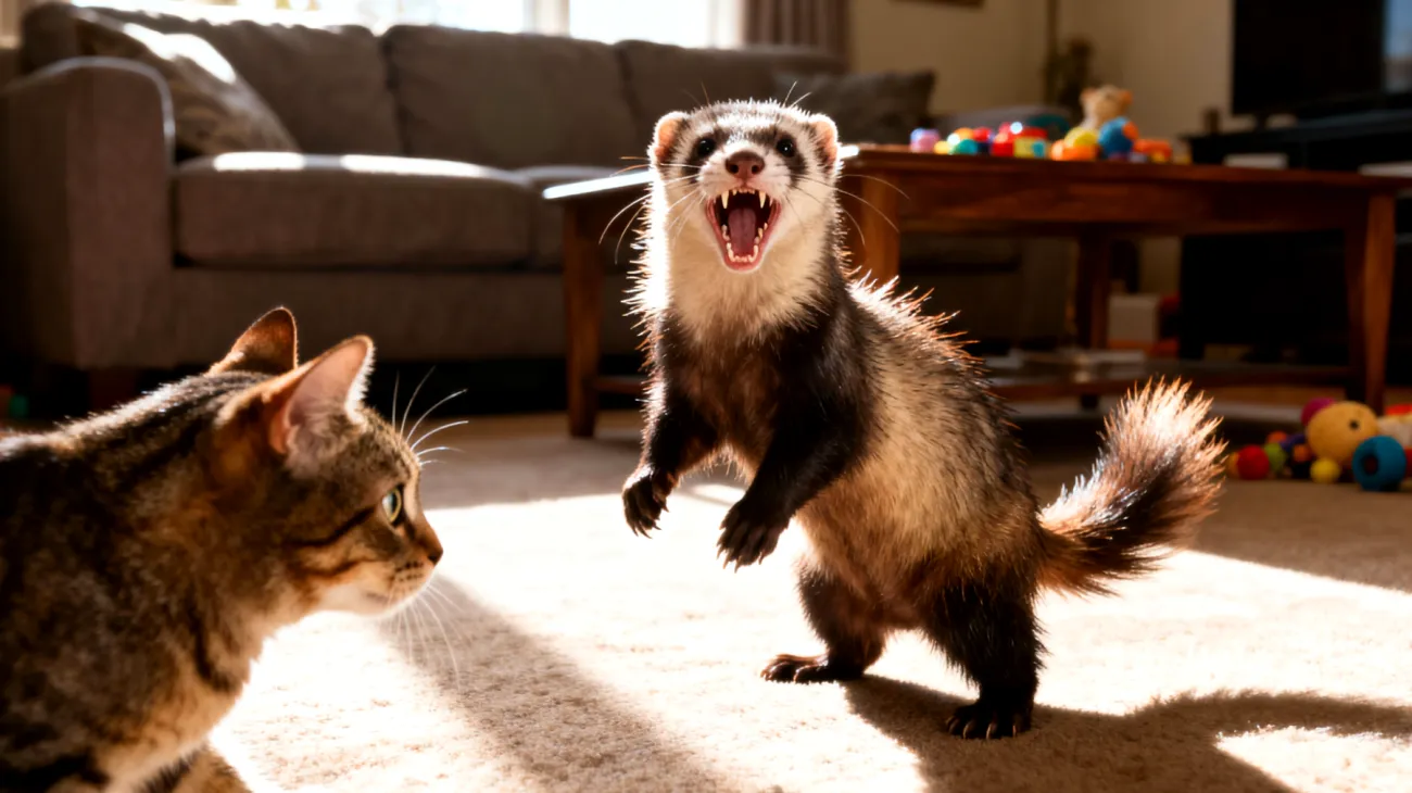 Frettchen zeigt aggressives oder dominantes Verhalten gegenüber anderen Haustieren im Haushalt, was zu Konflikten und Stress für alle beteiligten Tiere führt"
