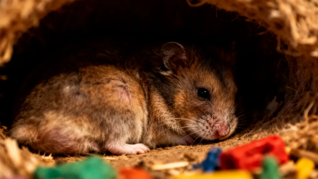 Ein alter Hamster zeigt weniger Interesse an seinen gewohnten Spielzeugen und verbringt mehr Zeit schlafend in seinem Nest, wodurch geistige Stimulation und körperliche Aktivität abnehmen"