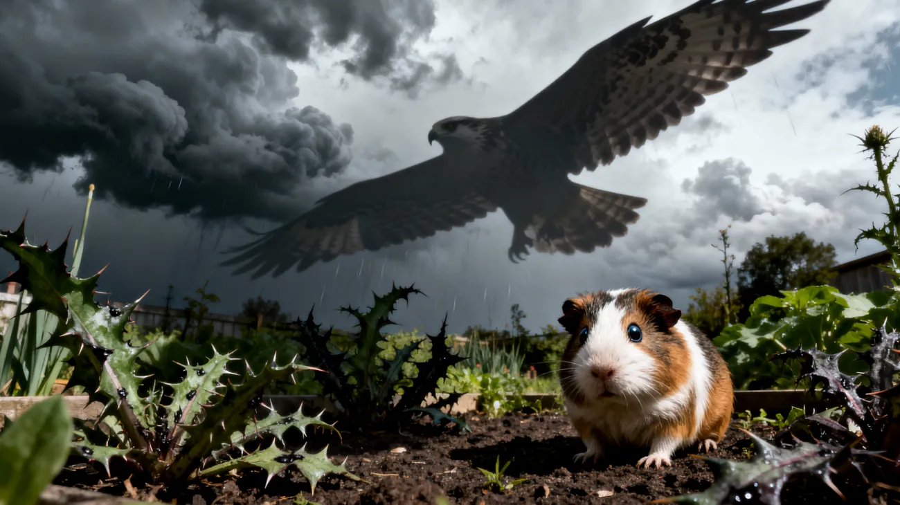 Meerschweinchen im Garten sind verschiedenen Gefahren ausgesetzt, wie Raubvögeln, anderen Wildtieren, giftigen Pflanzen und Wettereinflüssen, die ihre Ernährung und Sicherheit beeinträchtigen können"