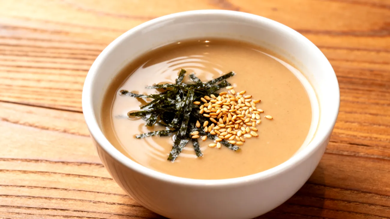 Miso-Suppe mit Wakame-Algen und geröstetem Sesam"
