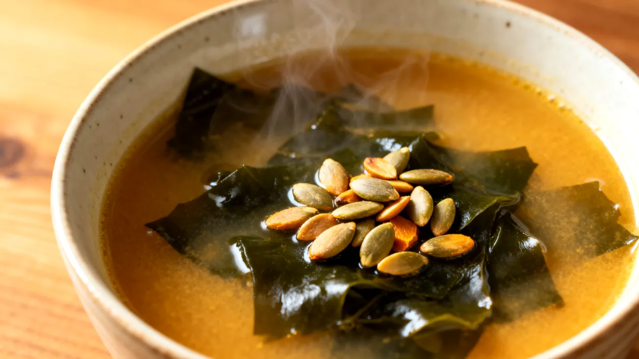 Miso-Suppe mit Wakame-Algen und gerösteten Kürbiskernen"