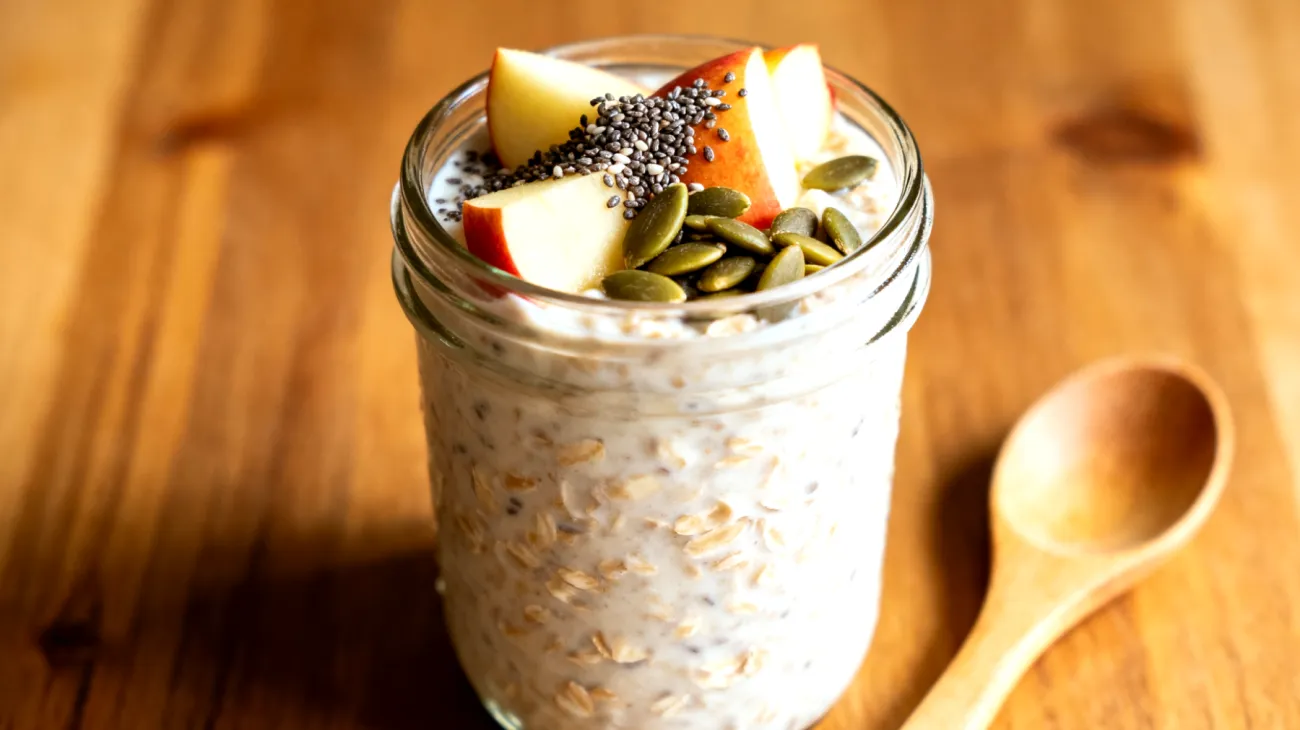 Overnight Oats mit Chiasamen, Kürbiskernen und Apfel"