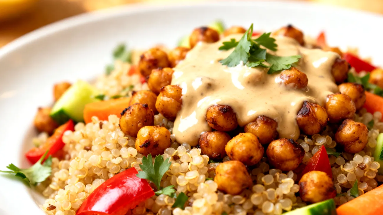 Quinoa-Salat mit gerösteten Kichererbsen und Tahini-Dressing"